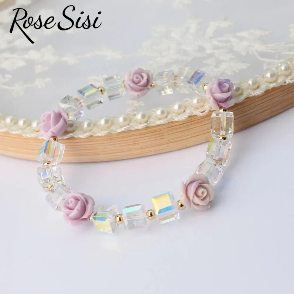 Rose sisi Korean version of fresh crystal bracelet for girls rose female charm bracelets elastic rope average size jewelry