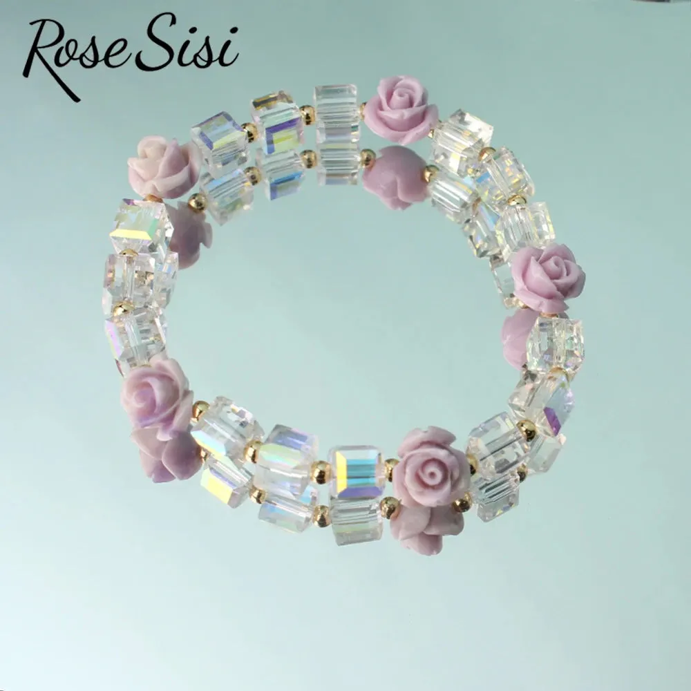Rose sisi Korean version of fresh crystal bracelet for girls rose female charm bracelets elastic rope average size jewelry