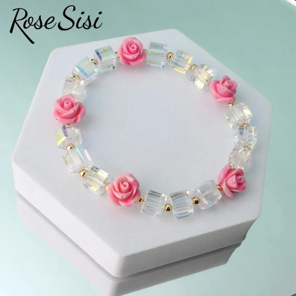 Rose sisi Korean version of fresh crystal bracelet for girls rose female charm bracelets elastic rope average size jewelry