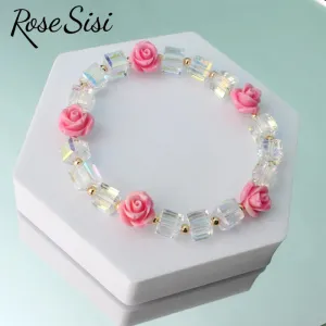 Rose sisi Korean version of fresh crystal bracelet for girls rose female charm bracelets elastic rope average size jewelry