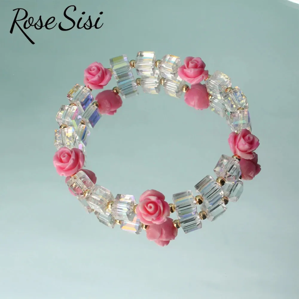 Rose sisi Korean version of fresh crystal bracelet for girls rose female charm bracelets elastic rope average size jewelry