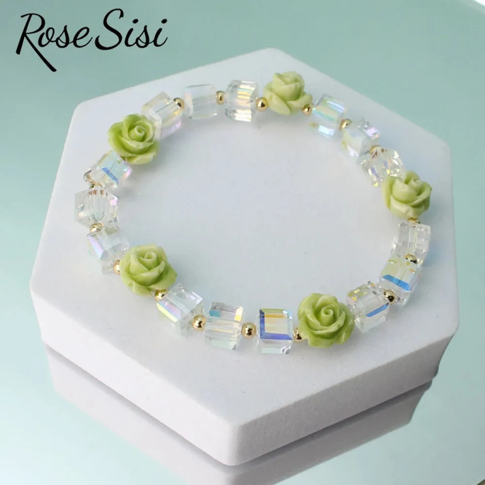 Rose sisi Korean version of fresh crystal bracelet for girls rose female charm bracelets elastic rope average size jewelry