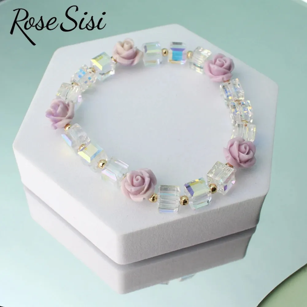 Rose sisi Korean version of fresh crystal bracelet for girls rose female charm bracelets elastic rope average size jewelry