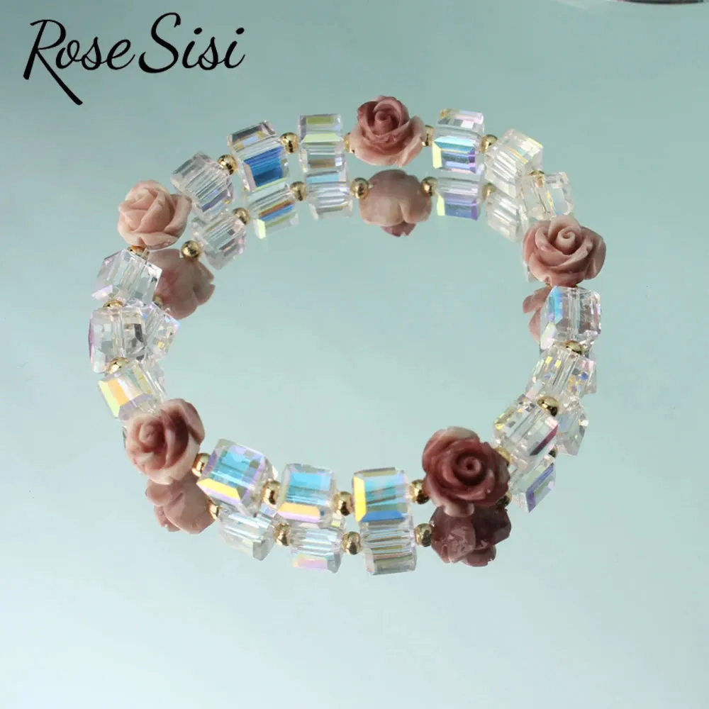 Rose sisi Korean version of fresh crystal bracelet for girls rose female charm bracelets elastic rope average size jewelry
