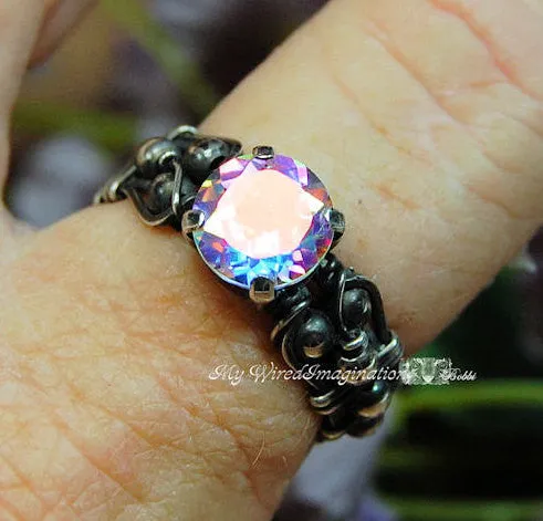 Round Opalescent Topaz, Mercury Mystic Topaz, Handmade Ring, Made to Order