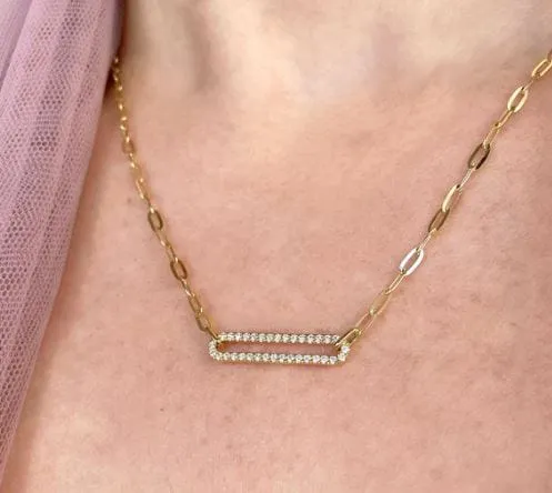 Shy Creation 14K Yellow Gold 0.26ctw Diamond Center Link Paperclip Necklace