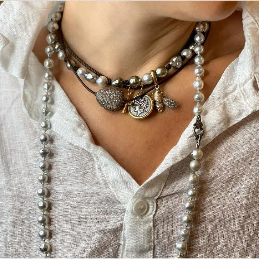 Silver Toned Akoya Pearls Strung on Silk | 32"