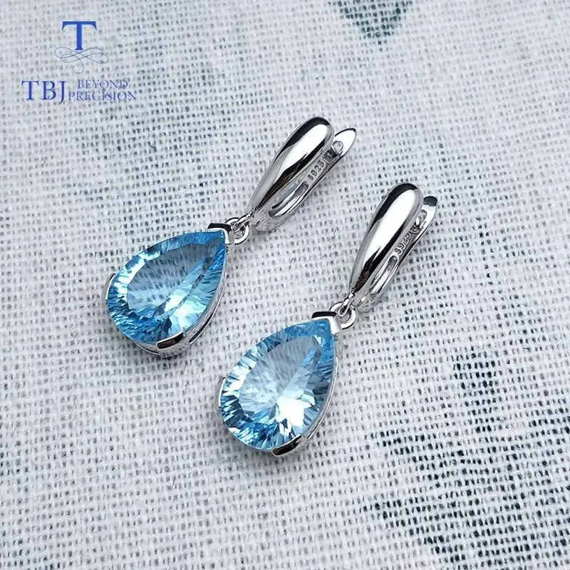 Sky Blue Topaz Concave Cut 13ct Water Drop Clasp 925 Sterling Silver Earrings