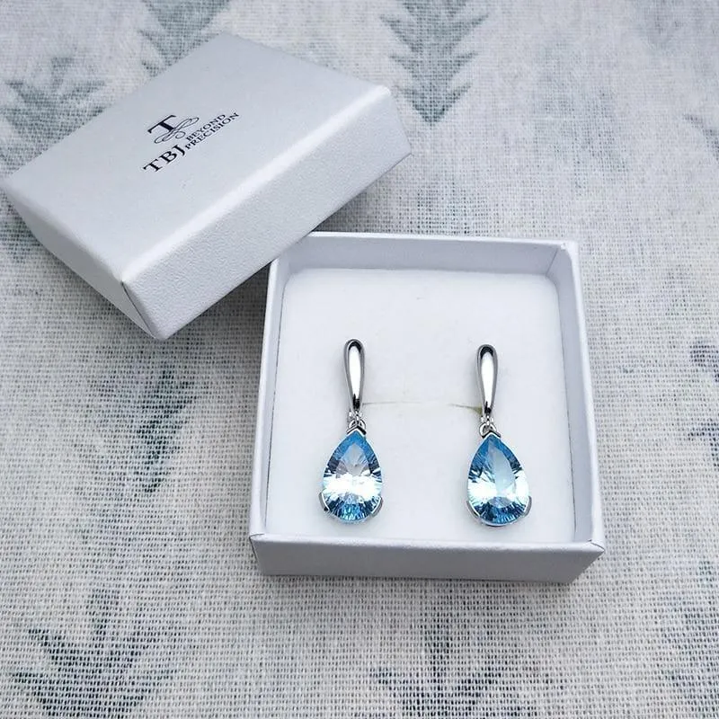 Sky Blue Topaz Concave Cut 13ct Water Drop Clasp 925 Sterling Silver Earrings