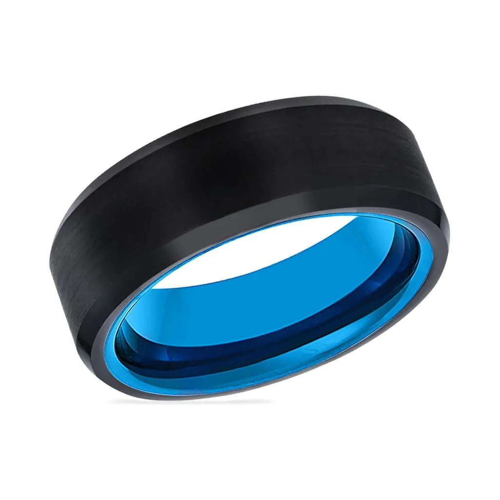 SKYLAR | Blue Tungsten Ring, Black Tungsten Ring, Brushed, Beveled