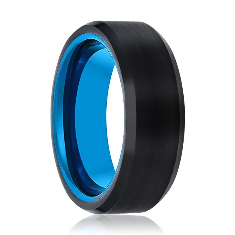 SKYLAR | Blue Tungsten Ring, Black Tungsten Ring, Brushed, Beveled