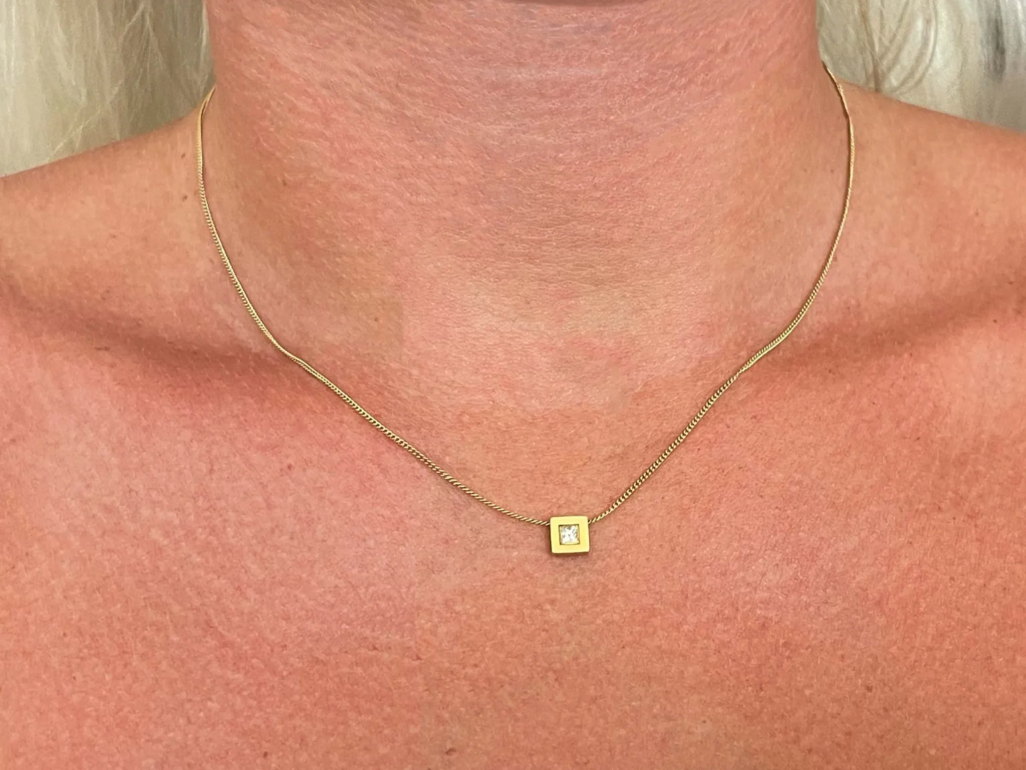 Small Square Single Diamond Necklace in 18k Yellow Gold