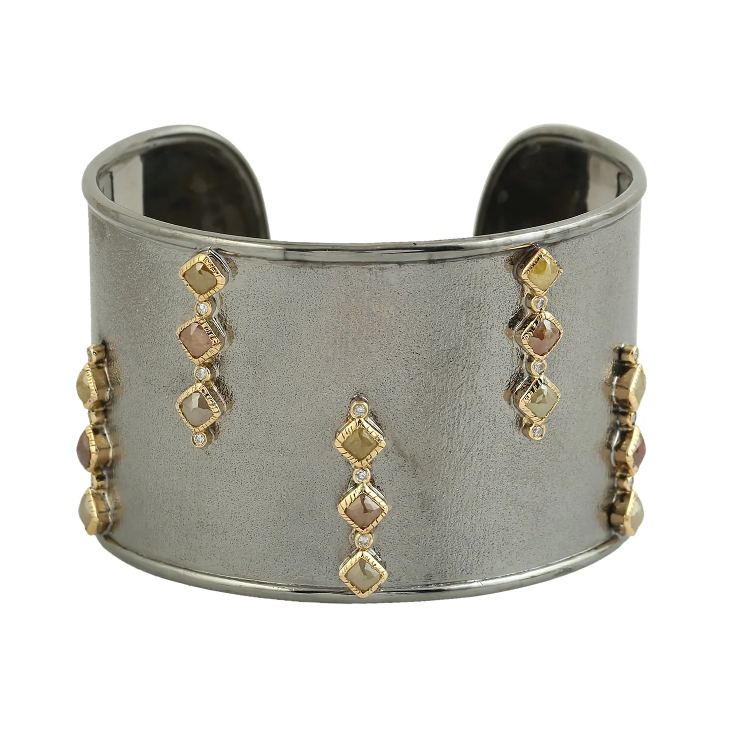 Square Cut Ice Diamond Open Wide Cuff Bracelet In 18K Oxidized Gold 925 Sterling Silver