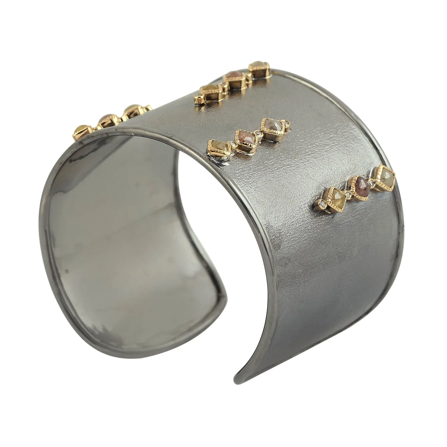 Square Cut Ice Diamond Open Wide Cuff Bracelet In 18K Oxidized Gold 925 Sterling Silver