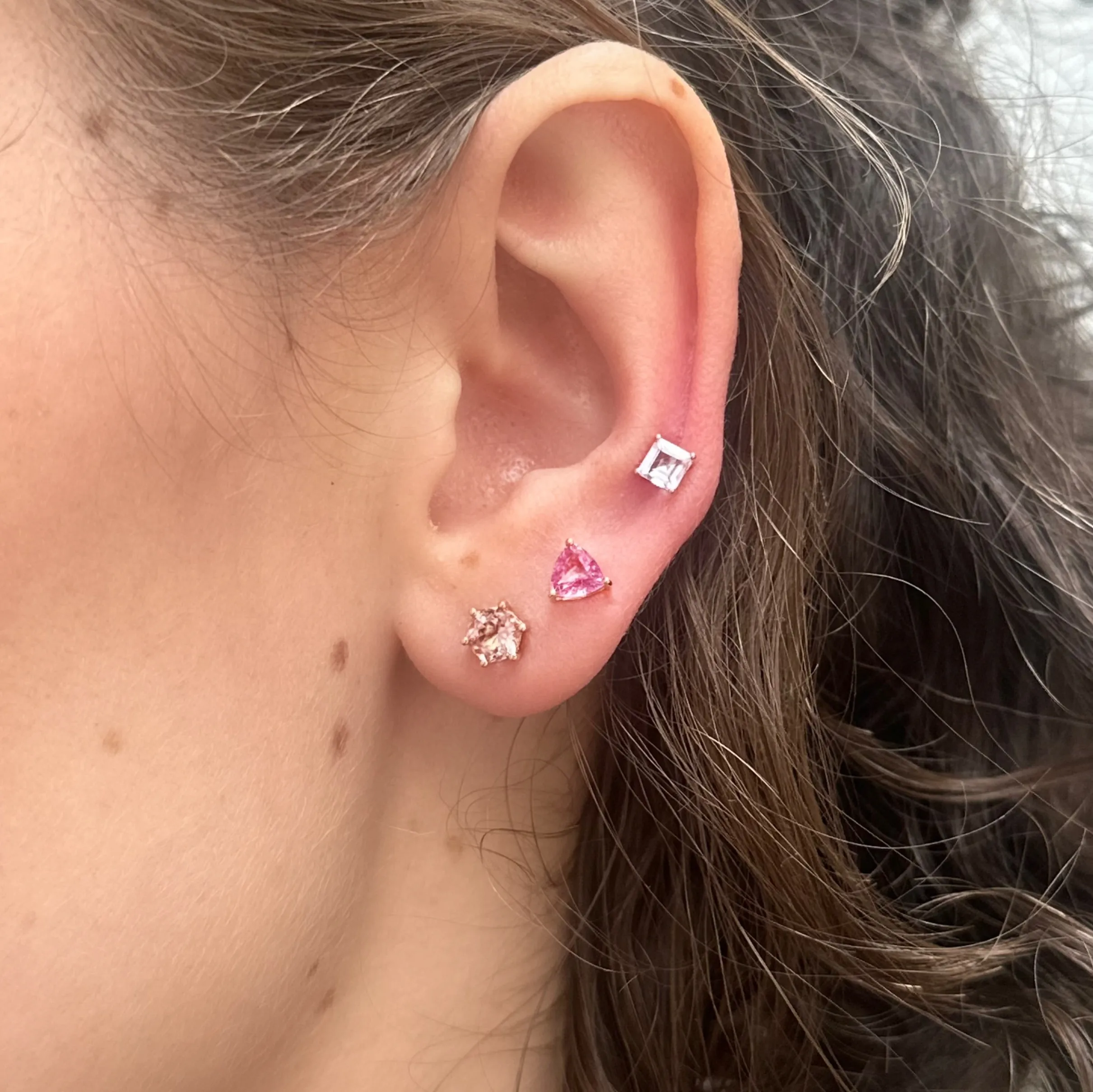Square Cut Pink Imperial Topaz Sprinkle Stud Earrings