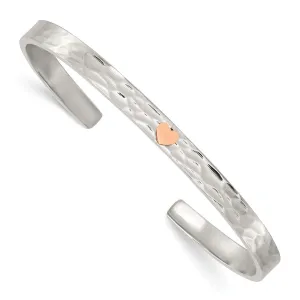 Stainless Steel Polished Rose IP-plated Hammered Heart Cuff Bangle
