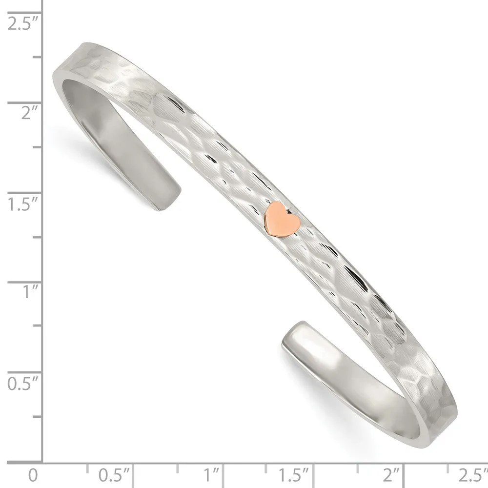 Stainless Steel Polished Rose IP-plated Hammered Heart Cuff Bangle
