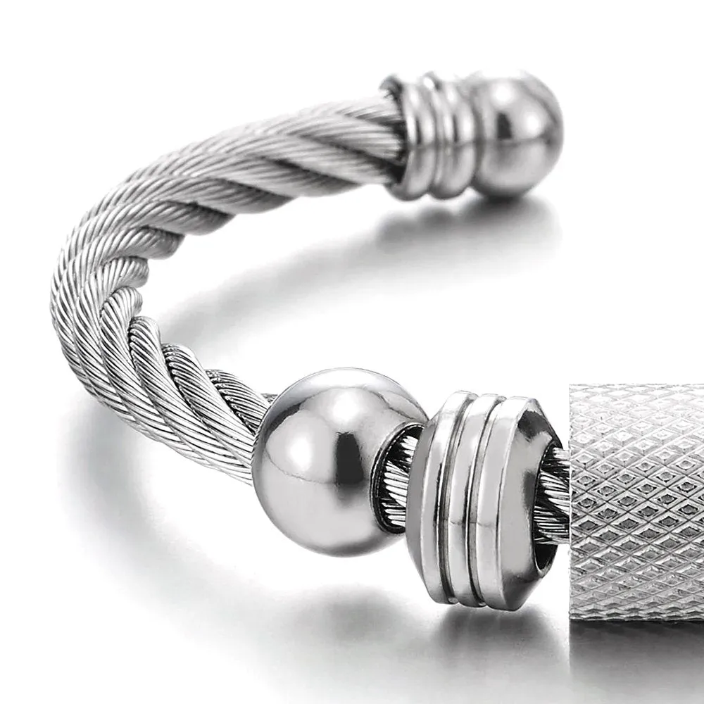 Steel Cuff Bangle Bracelet for Men Women with Beads Charms, Polished, Adjustable