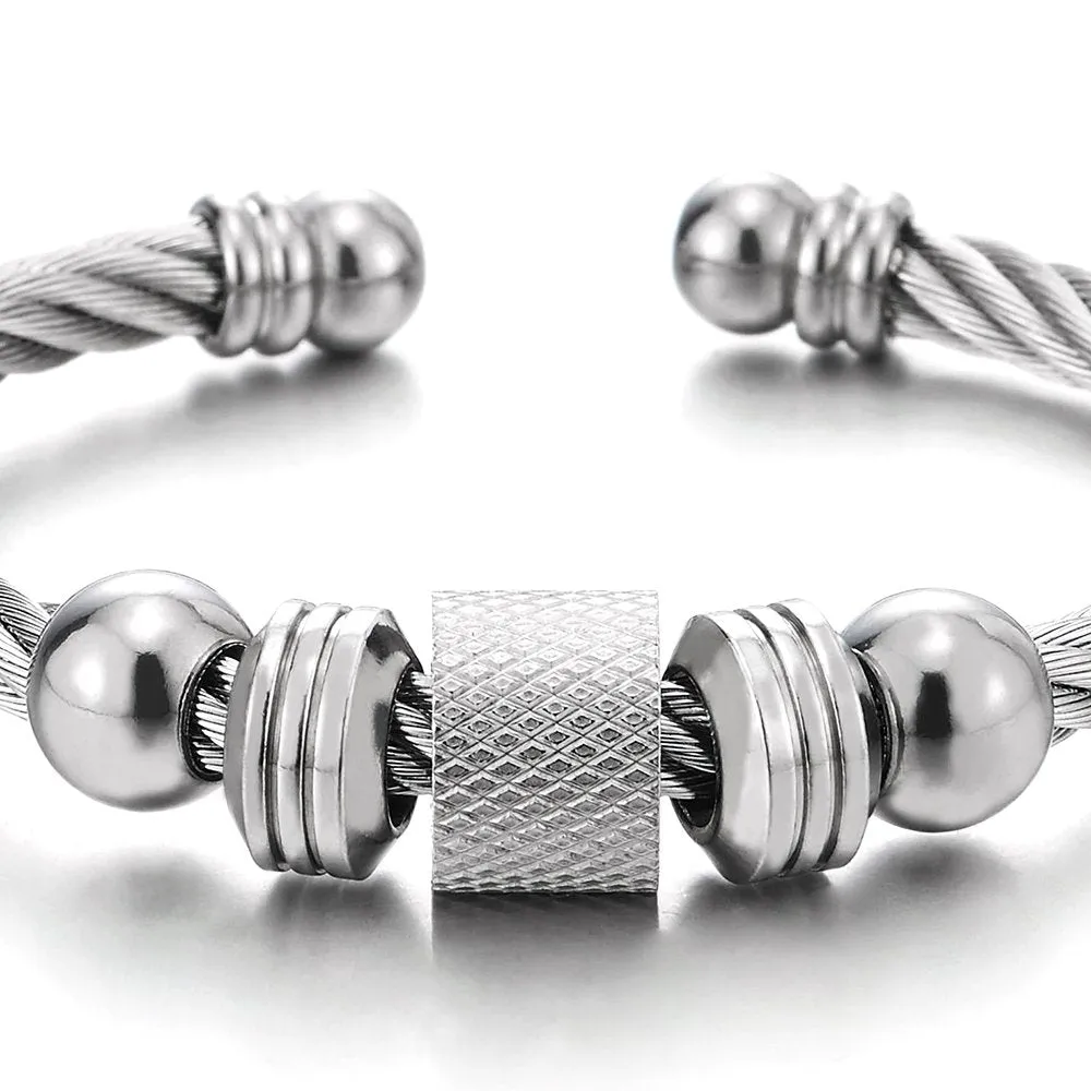 Steel Cuff Bangle Bracelet for Men Women with Beads Charms, Polished, Adjustable