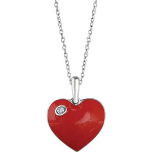 Sterling Silver .02 CT Diamond Red Enamel Heart 18" Necklace