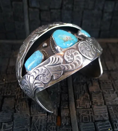 Sterling Silver and Turquoise Shadow Box Cuff Bracelet, Signed
