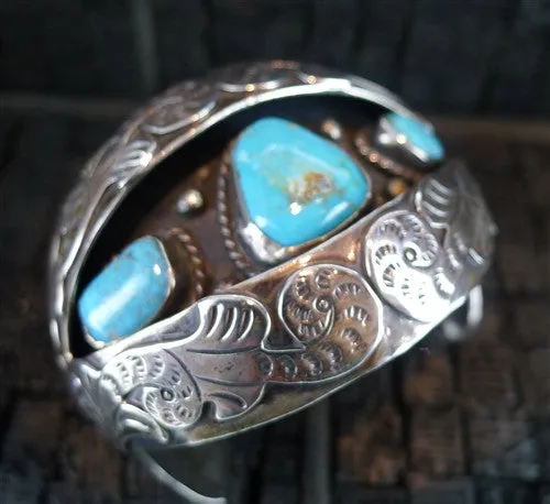 Sterling Silver and Turquoise Shadow Box Cuff Bracelet, Signed