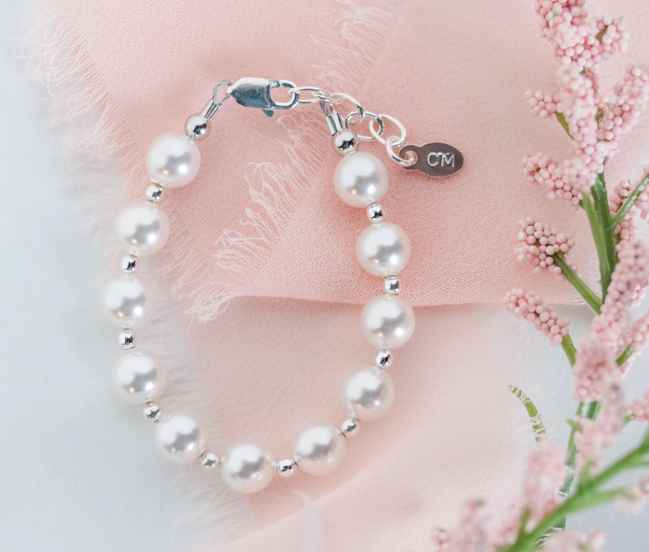 Sterling Silver Bracelet with Large Simulated Pearls for Little Girls