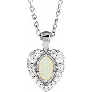 Sterling Silver Natural White Opal Cabochon  & 1/8 CTW Natural Diamond 16-18" Necklace