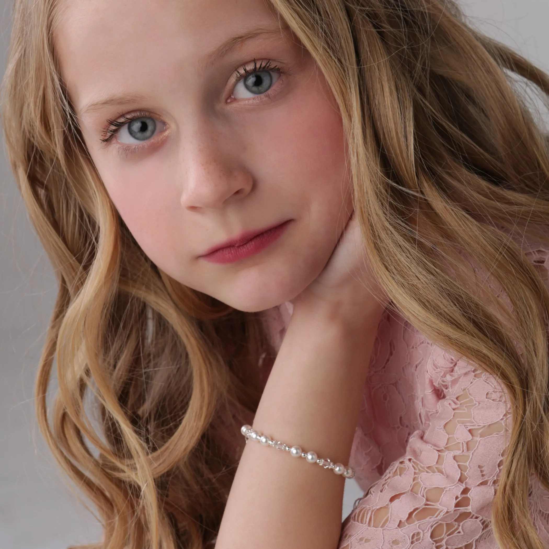 Sterling Silver Simulated Pearl and Crystal Beaded Baby Bracelet for Kids