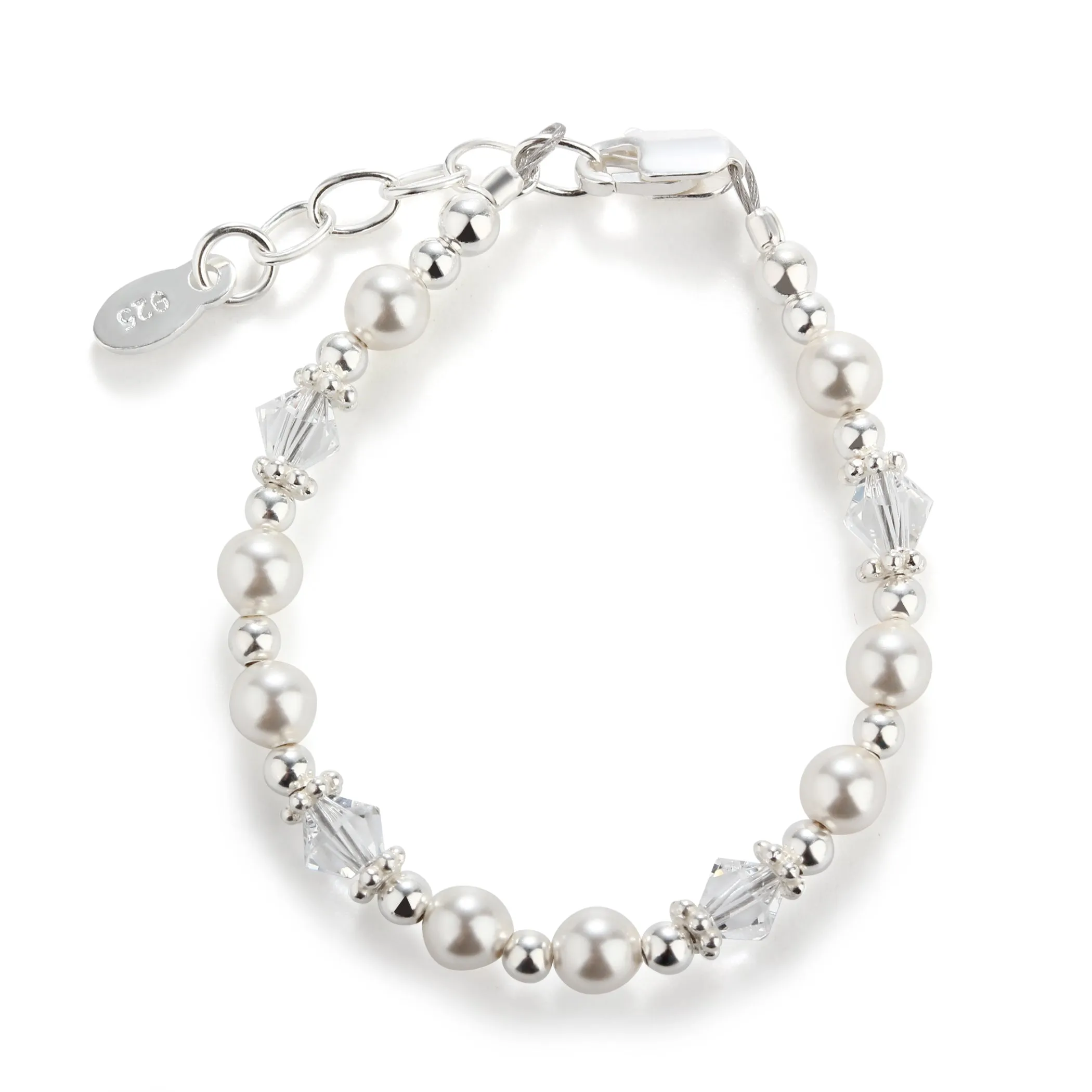 Sterling Silver Simulated Pearl and Crystal Beaded Baby Bracelet for Kids