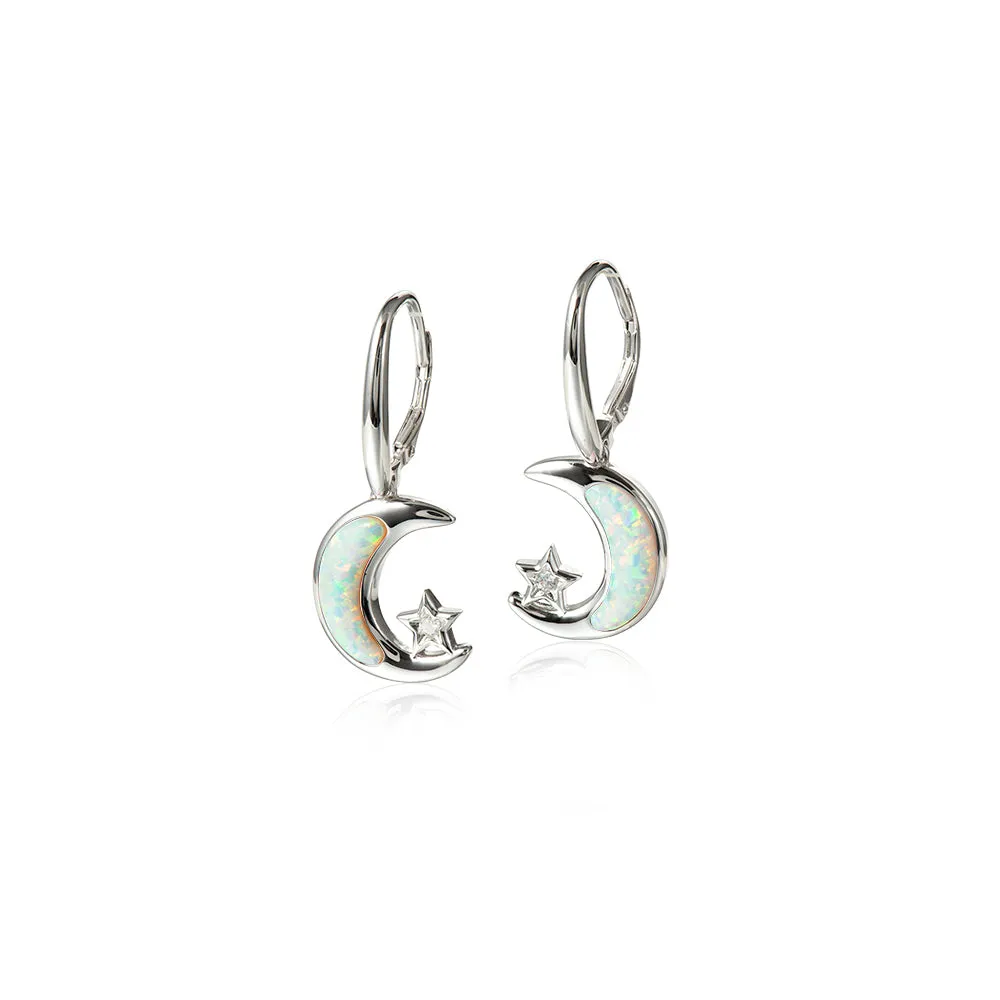 Sterling Silver White Opal Moon & Star Leverback Earrings by Alamea