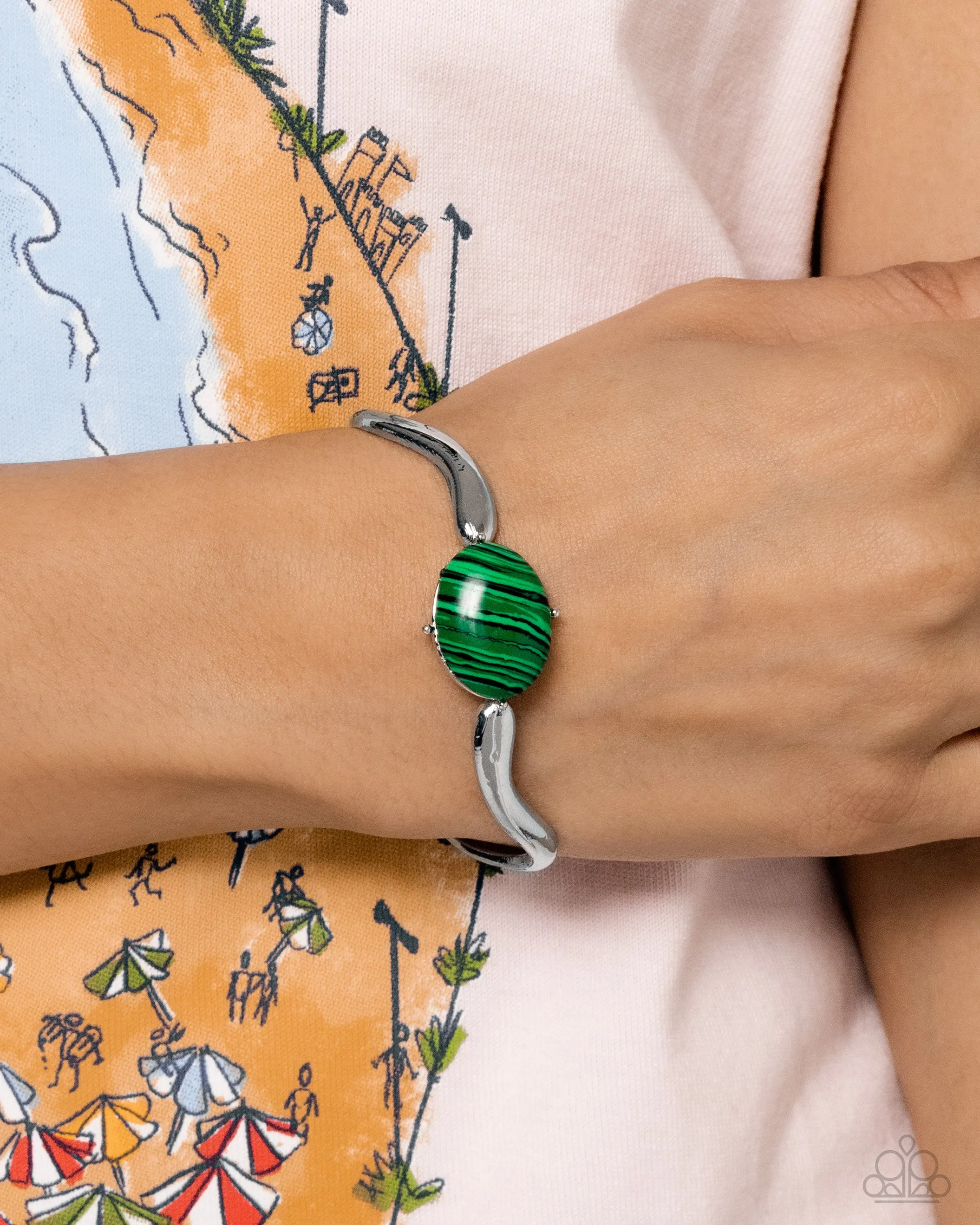 Striped Sensation - Green - Striped Bead Wavy Bar Paparazzi Cuff Bracelet
