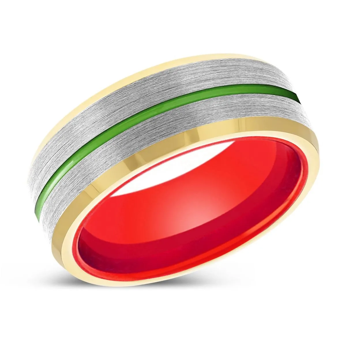 SUNLORD | Red Ring, Silver Tungsten Ring, Green Groove, Gold Beveled Edge