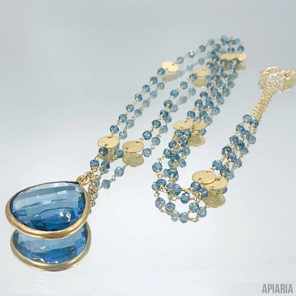 Swiss Blue Topaz Pendant and Beaded Necklace Set in 14K Gold Fill with Matching Earrings