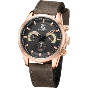 T5 Brown Leather Strap Black Dial Chronograph Quartz Watch for Gents - H3661G-D