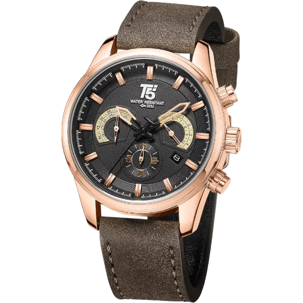 T5 Brown Leather Strap Black Dial Chronograph Quartz Watch for Gents - H3661G-D