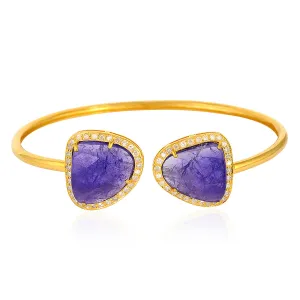 Tanzanite Pave Diamond In 18k Yellow Gold Handmade Cuff Bracelet