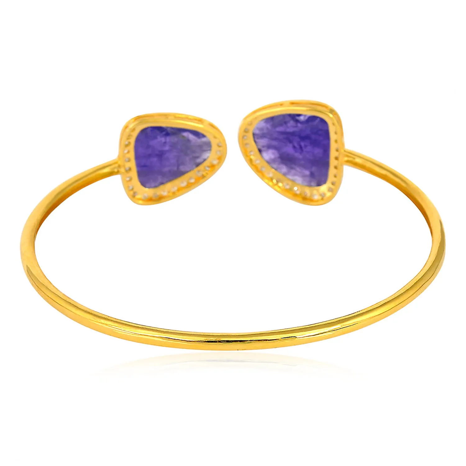 Tanzanite Pave Diamond In 18k Yellow Gold Handmade Cuff Bracelet