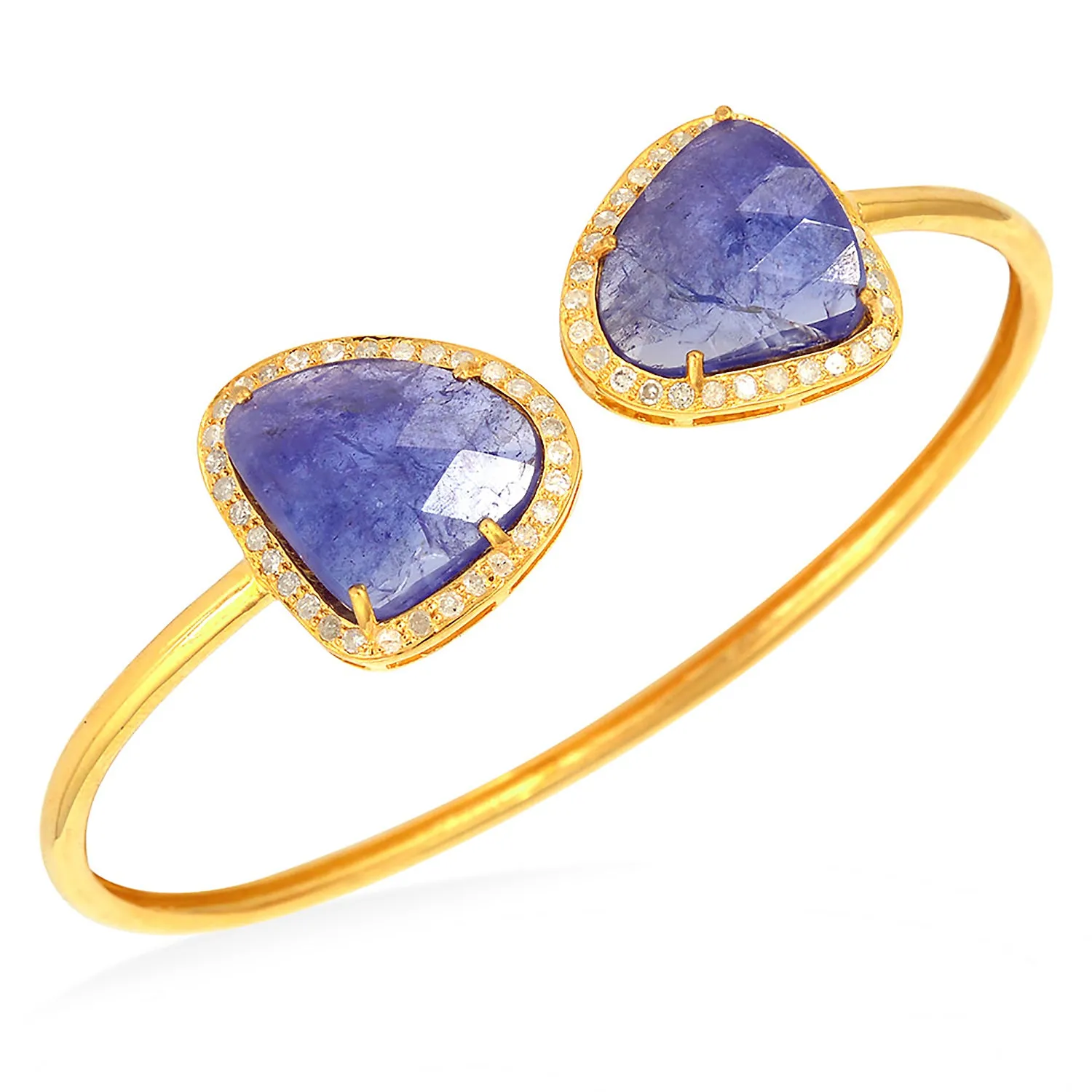 Tanzanite Pave Diamond In 18k Yellow Gold Handmade Cuff Bracelet