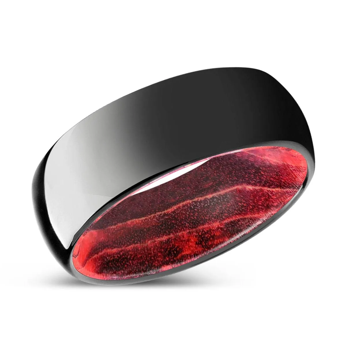 TIMBER | Black & Red Wood, Black Tungsten Ring, Shiny, Domed