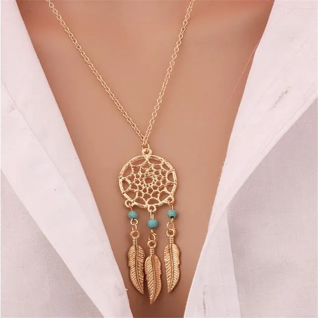 Trendy Dreamcatcher Pendant Mandala Lotus Necklaces ffor Women Vintage Gold Feather Dream Catcher Jewelry Party Accessories