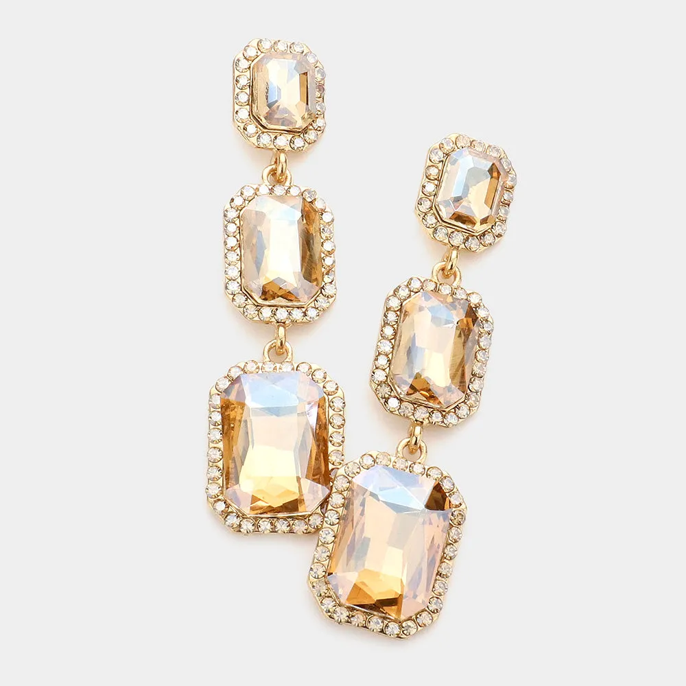 Triple Emerald Cut Light Topaz Stone Link Pageant Earrings  | Prom Earrings | 572921