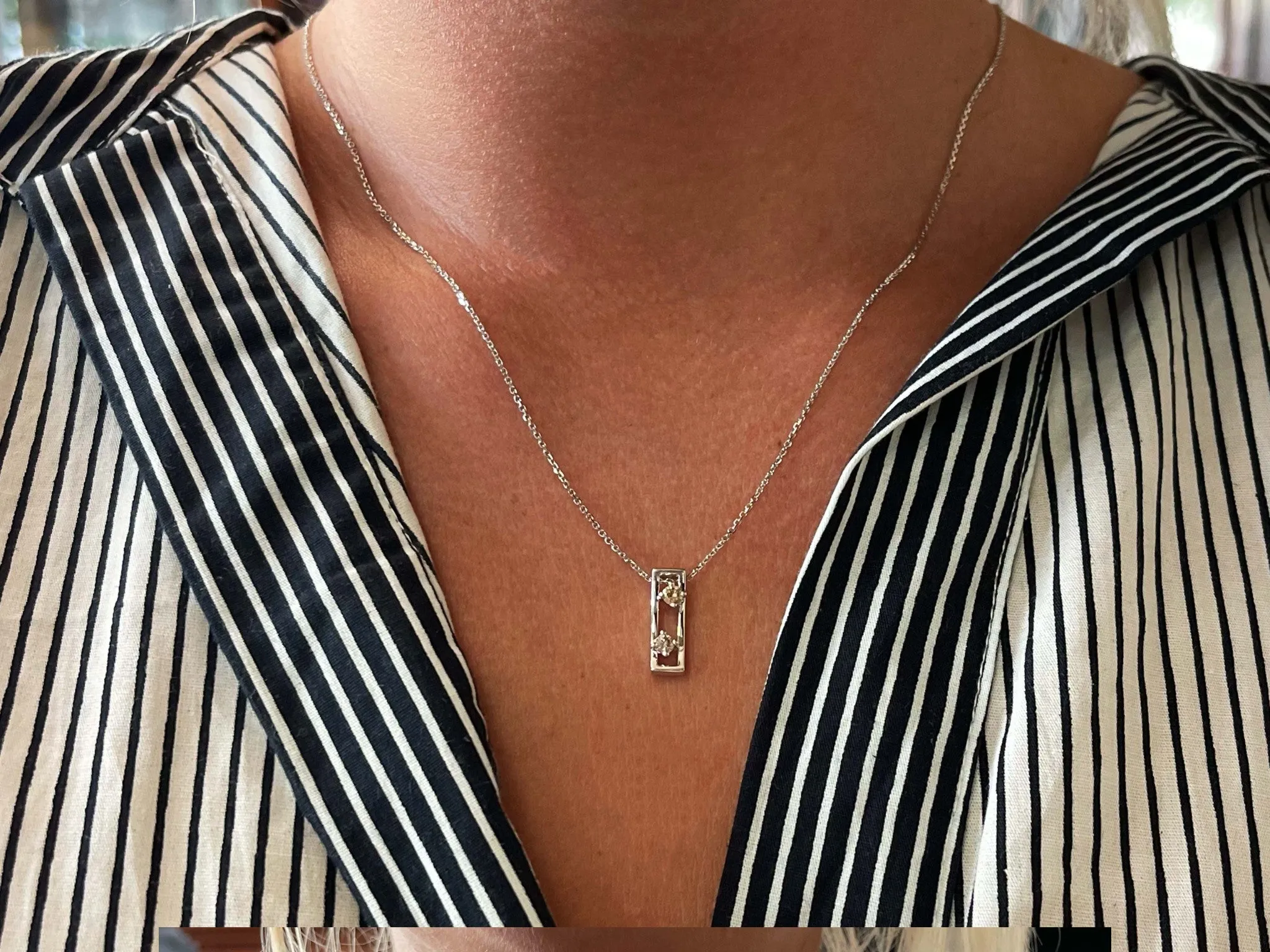Two Champagne Diamond Rectangular Pendant Necklace 18k White Gold