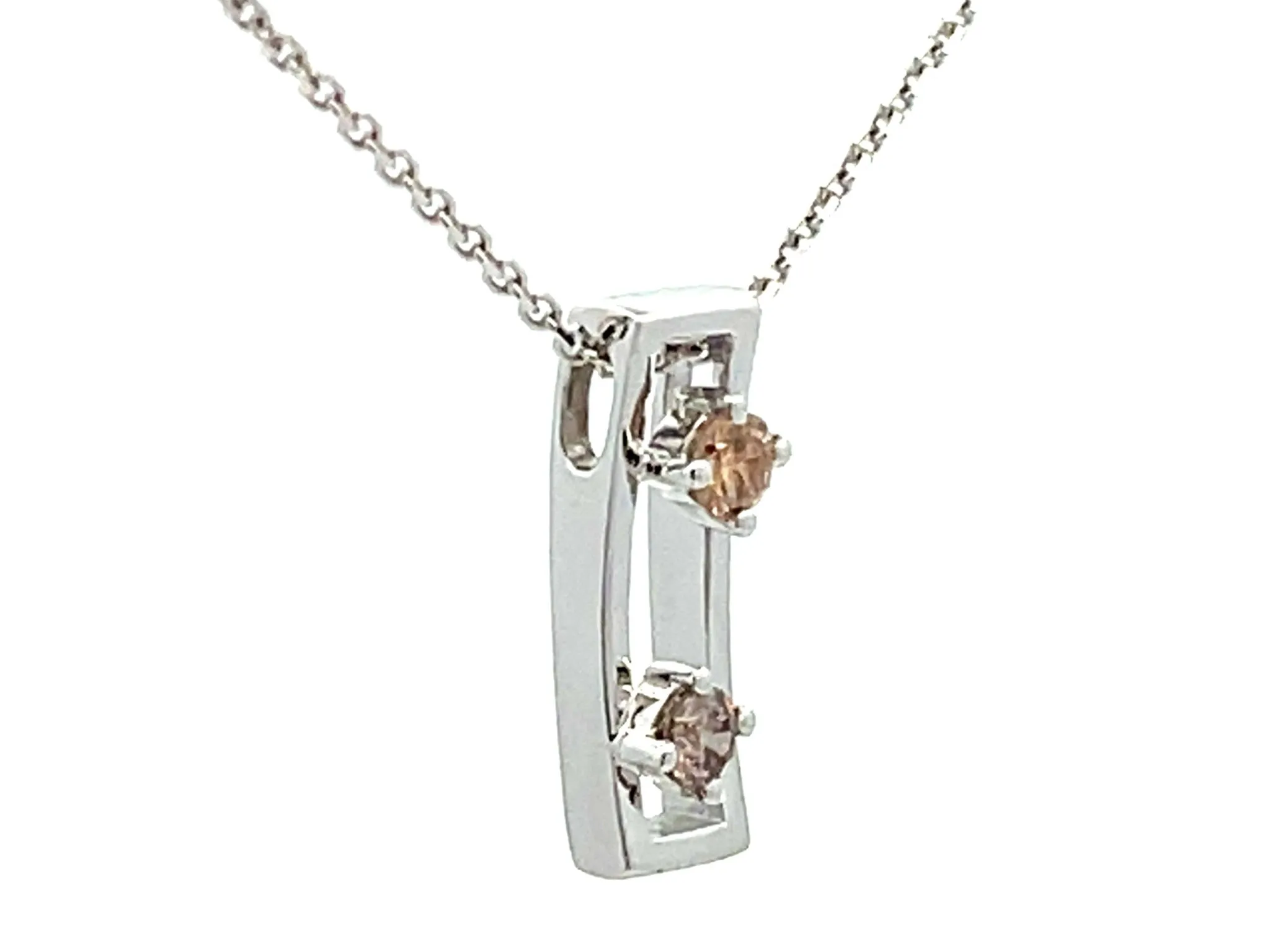 Two Champagne Diamond Rectangular Pendant Necklace 18k White Gold