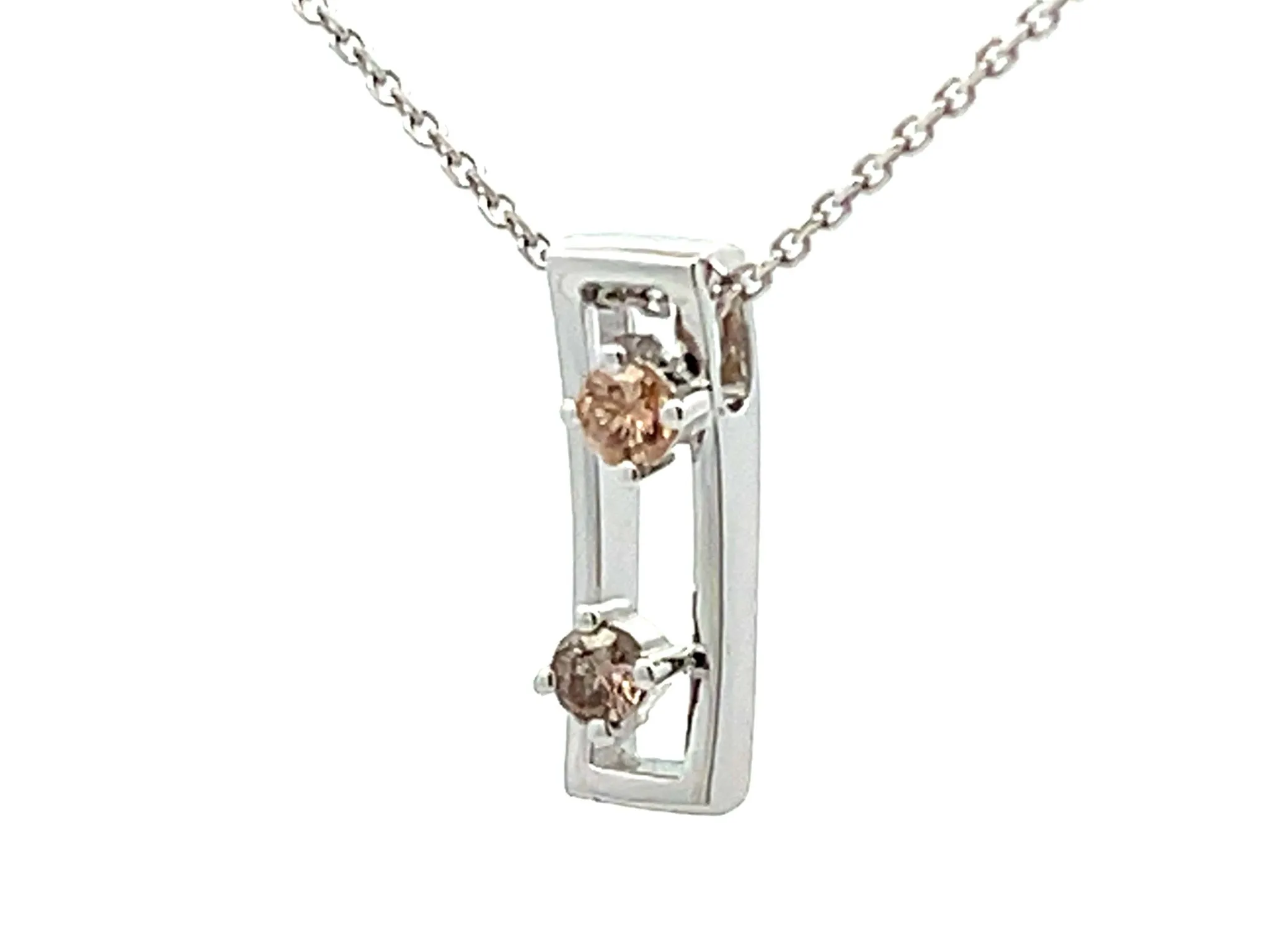 Two Champagne Diamond Rectangular Pendant Necklace 18k White Gold