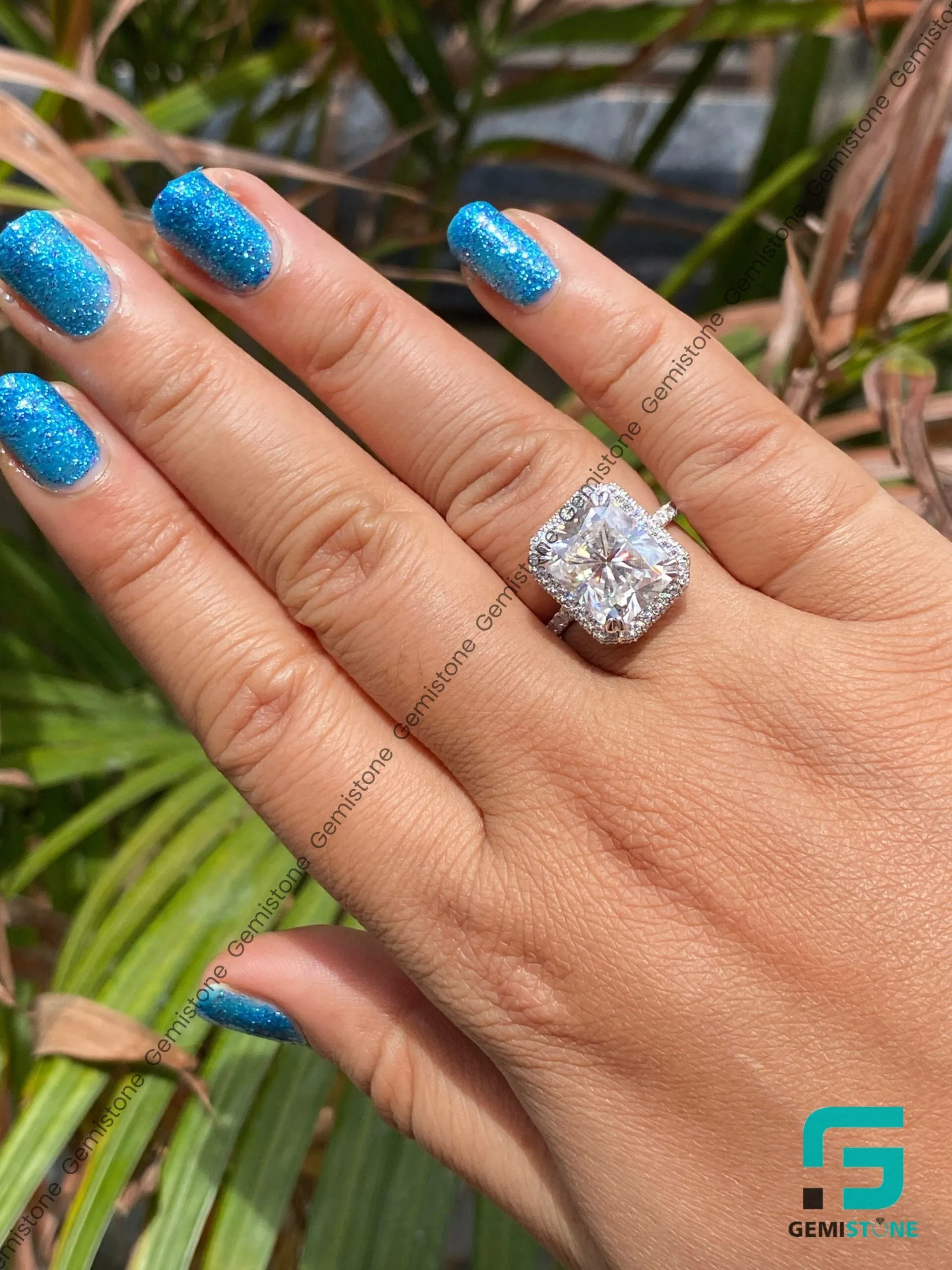 Unique Pave Setting Moissanite 5 CT Halo Radiant Engagement Ring
