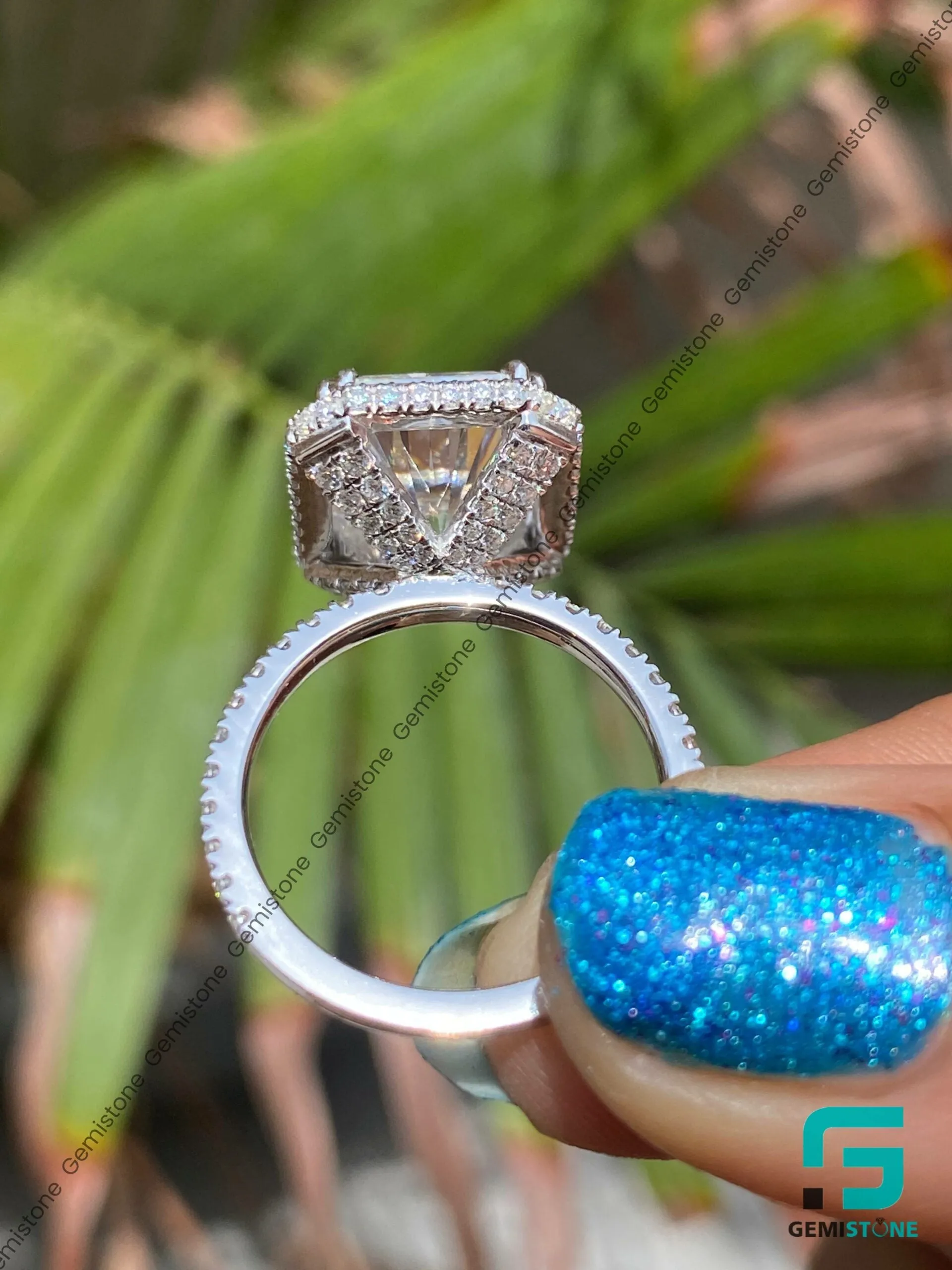Unique Pave Setting Moissanite 5 CT Halo Radiant Engagement Ring