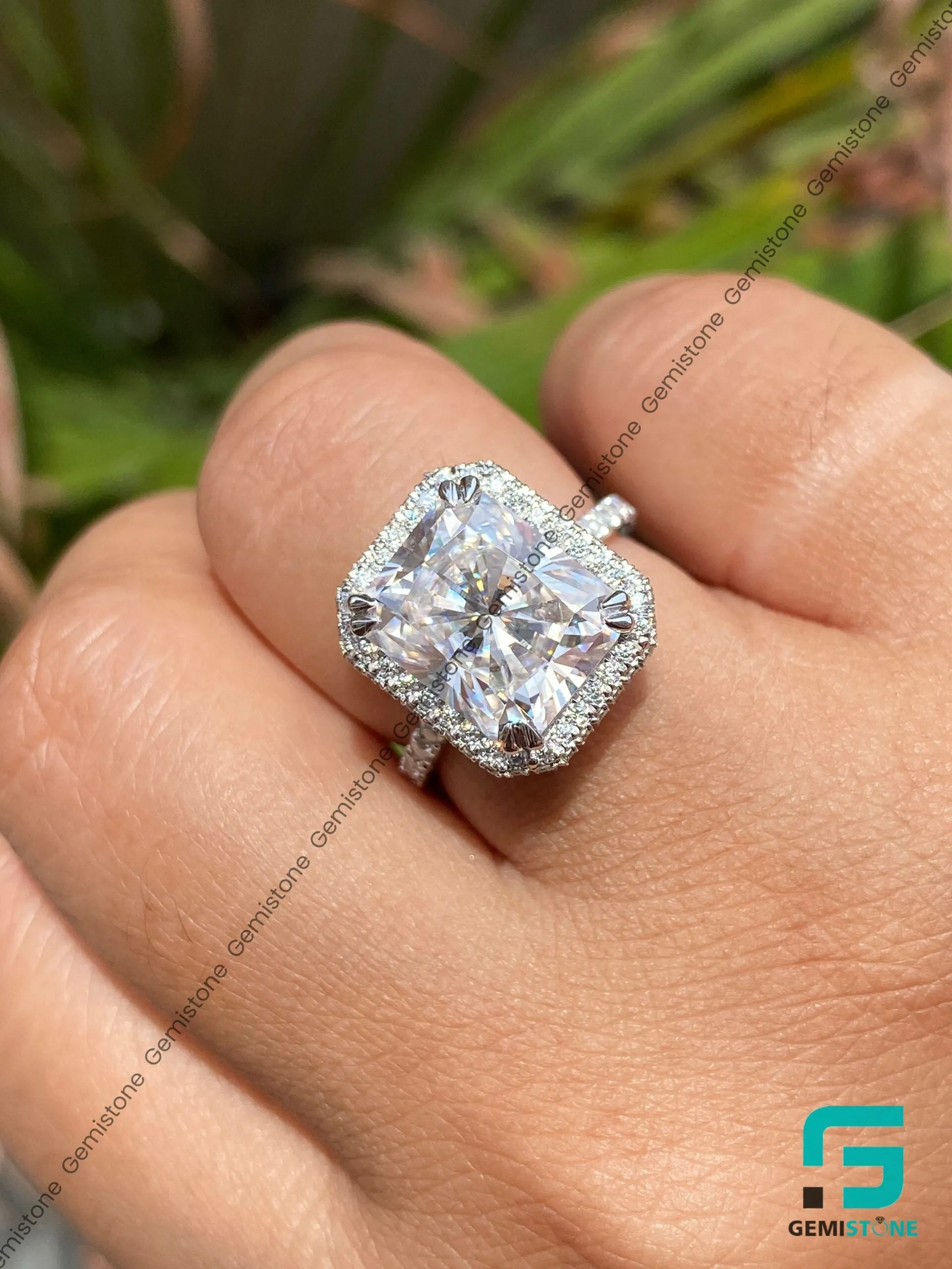 Unique Pave Setting Moissanite 5 CT Halo Radiant Engagement Ring