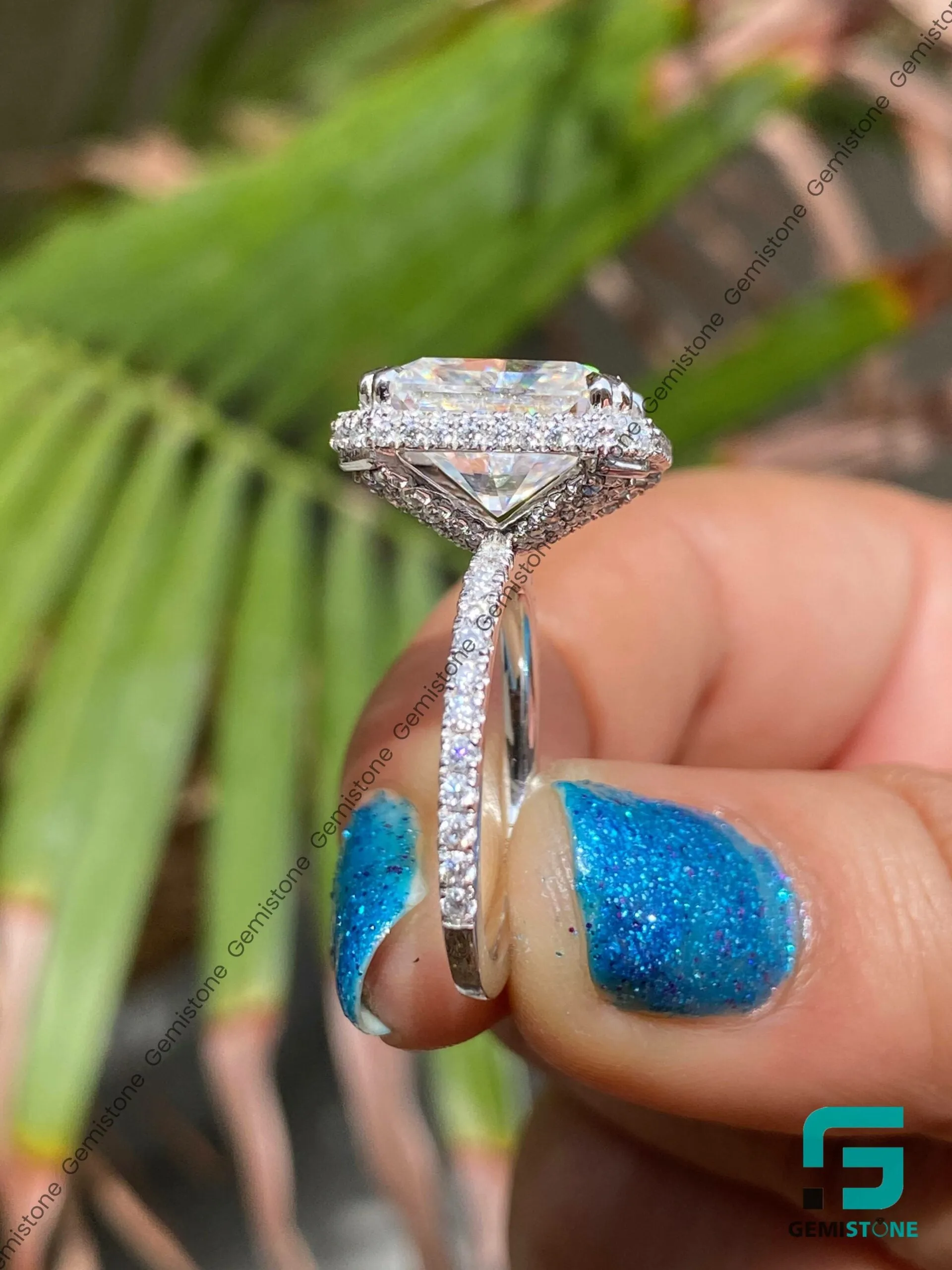 Unique Pave Setting Moissanite 5 CT Halo Radiant Engagement Ring
