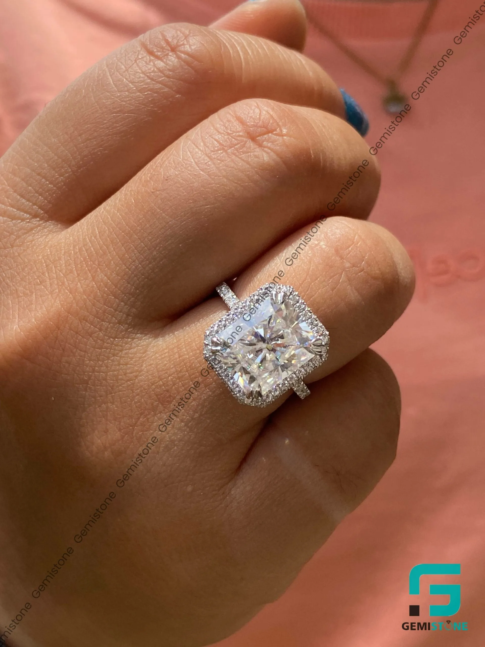 Unique Pave Setting Moissanite 5 CT Halo Radiant Engagement Ring
